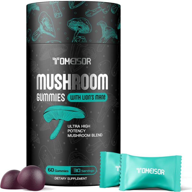 Mushroom Gummies for Adults, Lions Mane Gummies, 10x Mushroom Supplement with Lions Mane, Chaga, Reishi, Cordyceps for Brain Health,Focus & Memory Function,60 Gummies