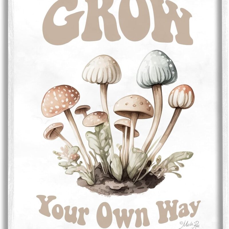 Stupell Industries Groovy Mushrooms Grow Phrase White Framed Giclee Art Design by Marla Rae