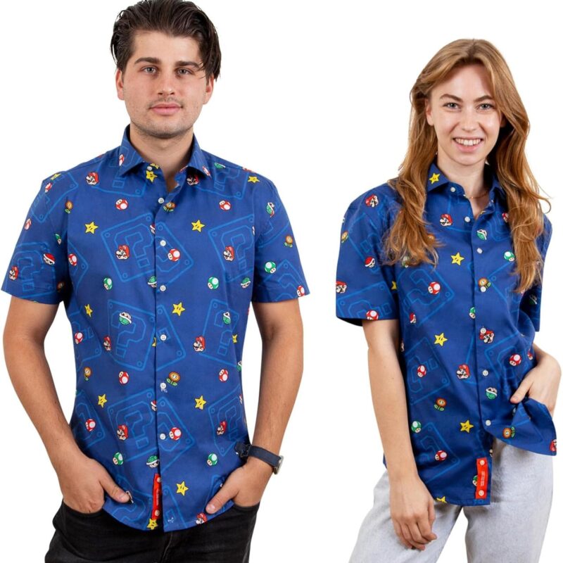 Super Mario Bros. Icons Navy Button-Up Short Sleeve Adult Shirt