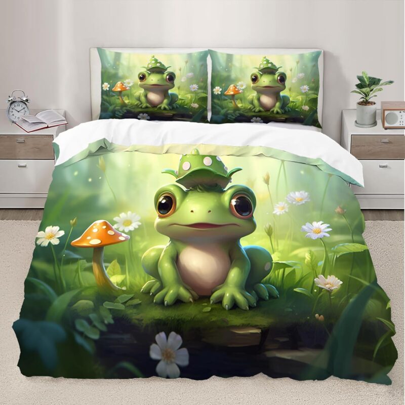 3D Cartoon Frog Duvet Cover Set Twin Size, Green Frog with Mushroom Hat Bedding Sets, Coverlet Set Decorative Quilted 3 Piece, Ultra-Soft Comforter Cover with 2 Pillowcases (68"X86") No Quilt