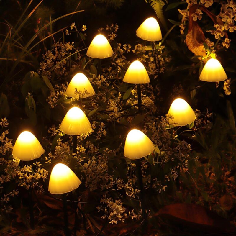 Solar Garden Statue Décor, Resin Mushroom Lamp (12.5Ft/10 Pieces) Figurines Sculpture Yard Art Ornament with Solar Powered Lights, for Fairy Garden Patio Yard Lawn Balcony