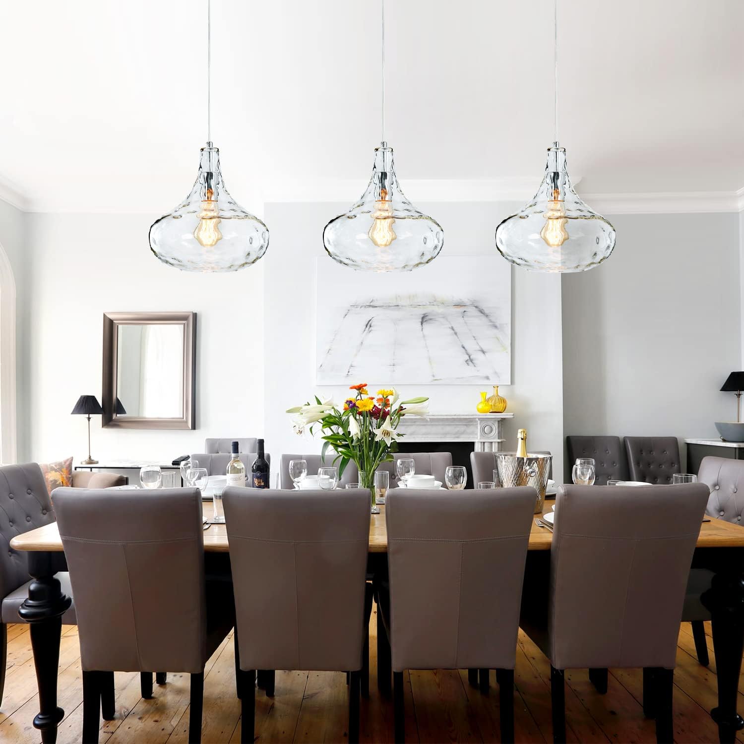 71iKkXb02ZL._AC_SL1500_.jpg Vintage Farmhouse Glass Pendant Light - Handblown Clear Hammered Glass Shade - Adjustable Cord Ceiling Fixture for Kitchen Island, Hallway, and Kitchen Sink - 11 Inch Chrome - Image 4
