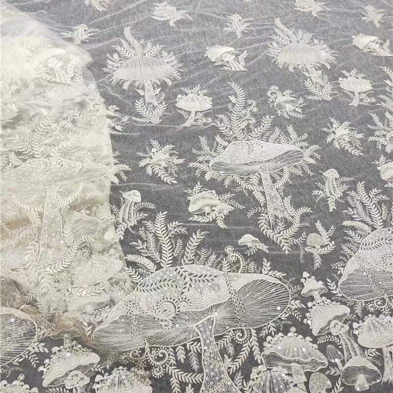 Champagne Mushroom Sequin Embroidered Lace Fabric Wedding Dress Lace 51" Wide (2 Yard, Champagne)