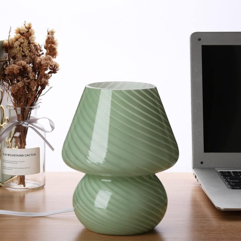 BSOD Mushroom Lamp, Glass Bedside Night Green Table Lamps Murano Vintage Small Nightstand Desklamp Swirl Light for Home Decor, Living, Bedroom, Gift (Stripe Green)