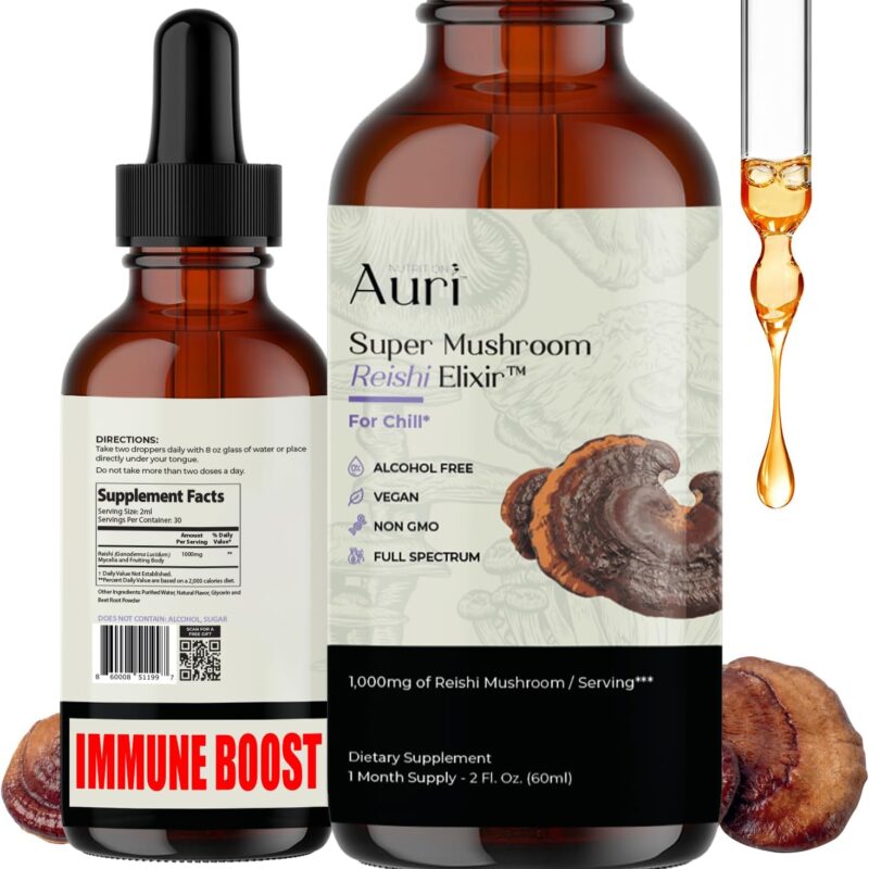 Auri Reishi Super Mushroom Elixir - Immune Booster and Stress Support Supplement to Achieve Deeper Sleep - Reishi Tincture 60ml