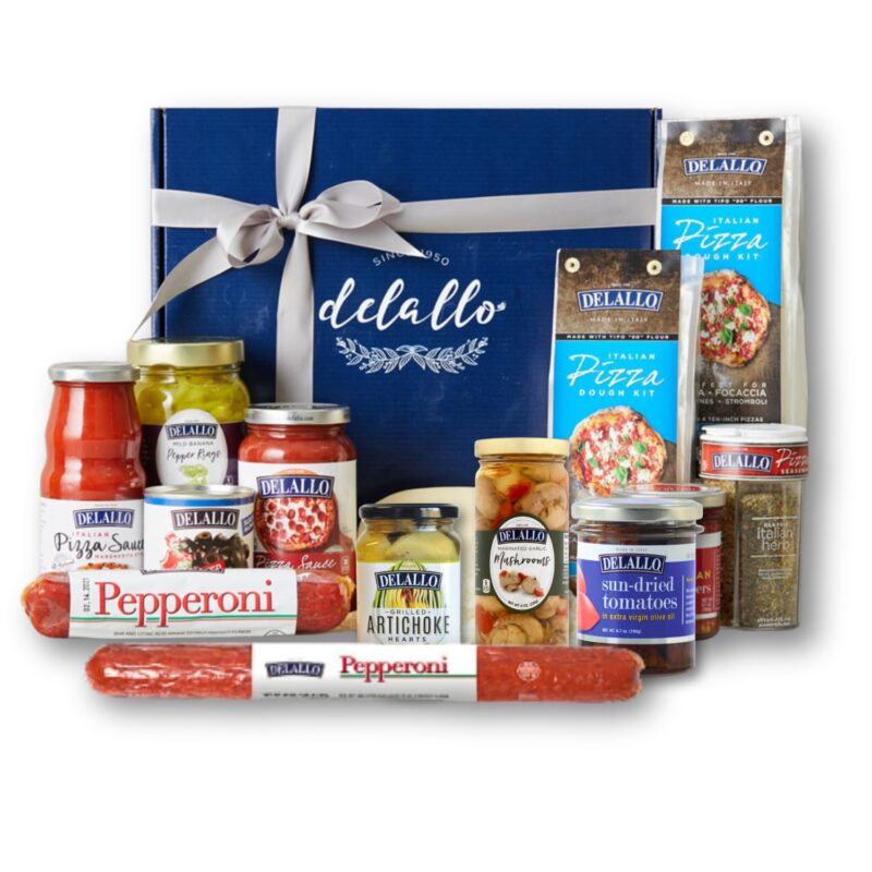 DeLallo Gourmet Pizza Italian Gift Basket, Italian Dinner Gift Basket for Pizza Lovers, Artisan Pizza Ingredients Made in Italy, Includes Premium Toppings and 00 Flour with Gift Box