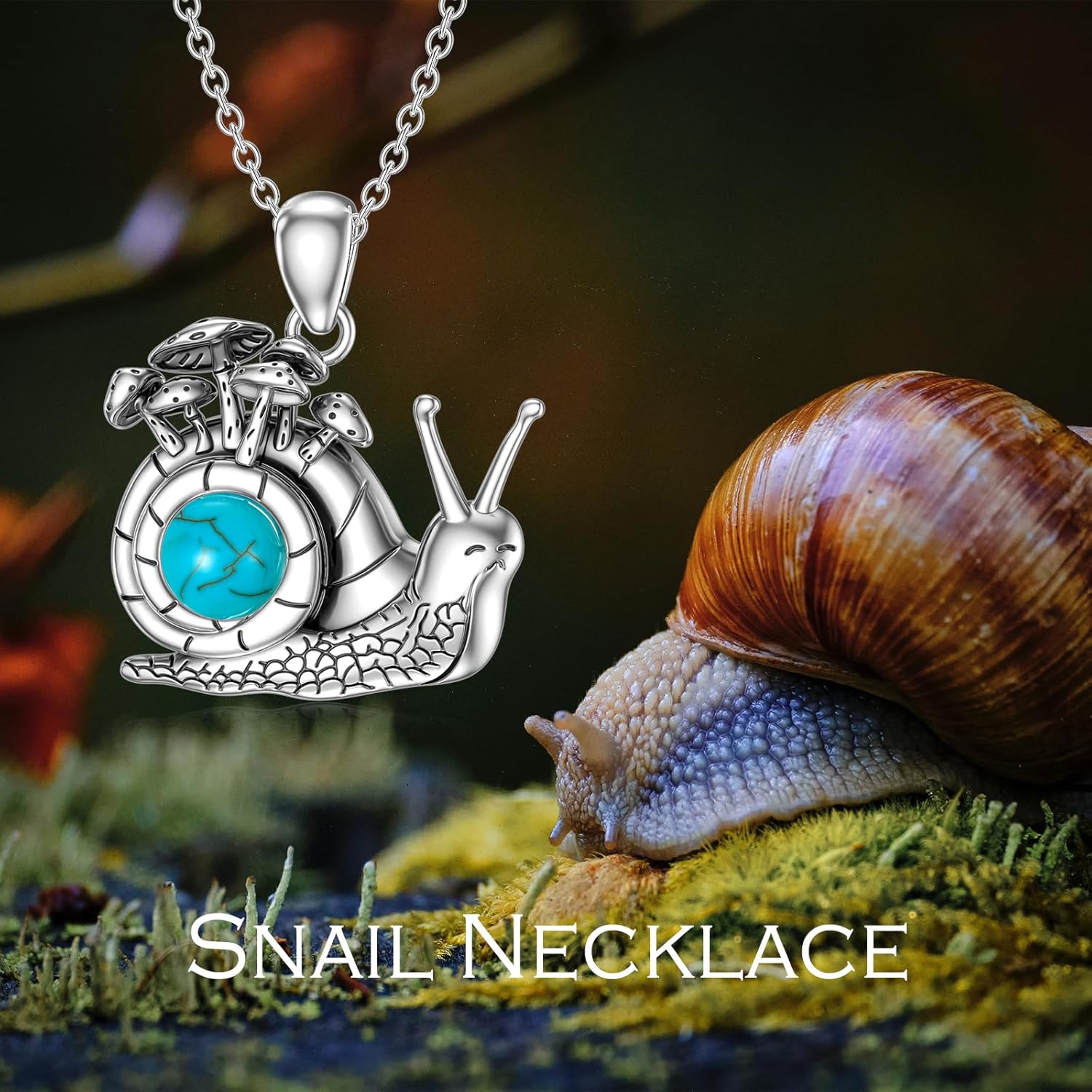 71jAW5zqQ8L._AC_SL1500_.jpg Turquoise Snail Necklace 925 Sterling Silver Genuine Turquoise Cute Snail Mushroom Pendant Vintage Animal Jewelry Gifts for Women - Image 7
