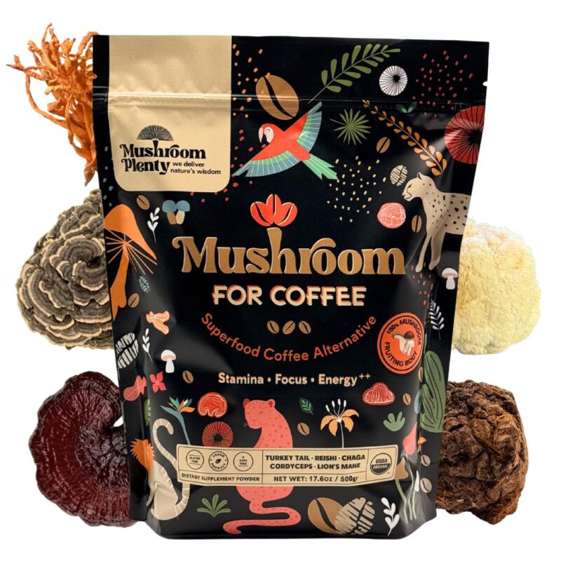 Mushroom Plenty 5 Mushroom Extract | Coffee Alternative | Lion's Mane, Reishi, Chaga, Cordyceps, Turkey Tail | Boost Energy, Focus, Immunity & Digestion | For Coffee, Smoothies & More (200 Serving)
