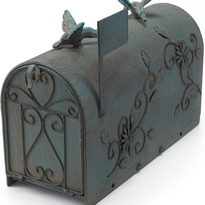 Heavy Duty Galvanized Steel Mailbox Post, Rural Mail Box Postal Storage Box with Bird Decoration (Vintage Green)