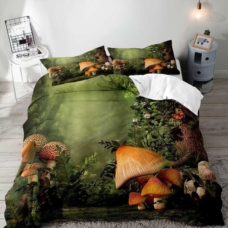 LUVIVIHOME 3PCS Mushroom Bedding, King Duvet Cover, Olive Green Duvet Cover, Boys Girls Kids Bedding, Enchanted Forest Wonderland Plant Botanical Fungus Mushroom Comforter Quilt Cover, 2 Pillow Cases