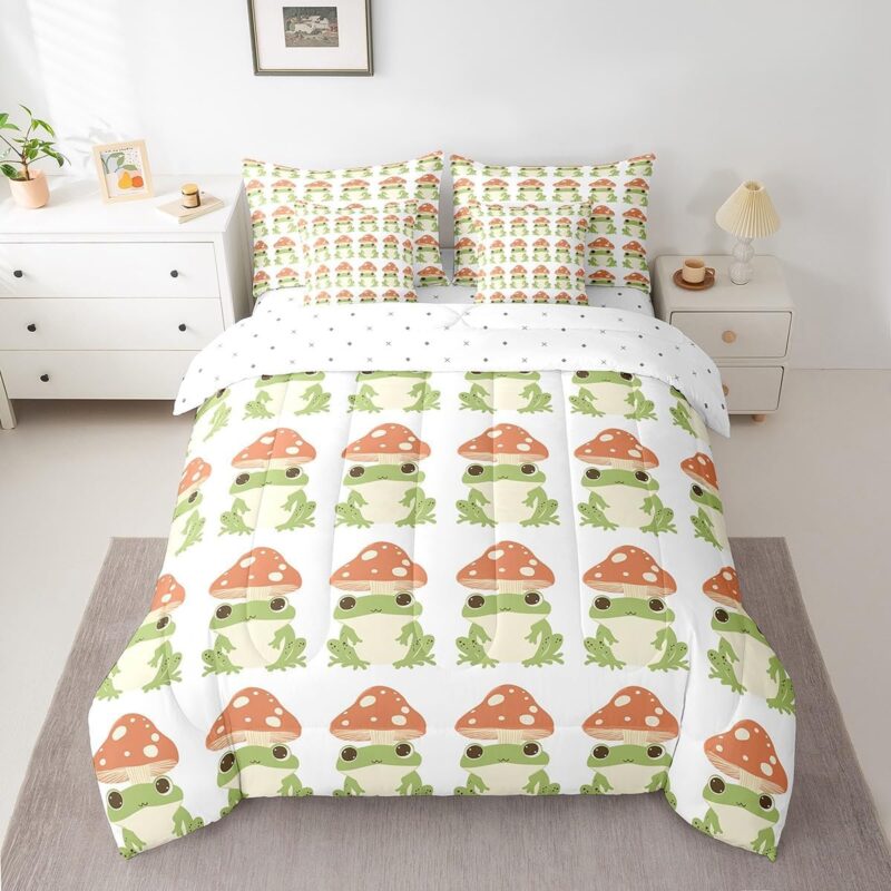 Feelyou Frog Bed in a Bag Cute Green Frogs with Mushroom Hats Comforter Set Twin Size 7 Pieces Boys Girls Kawaii Animal Bedding Set Microfiber Nature Bed Set with Sheets Bedroom Bed Set with Sheets