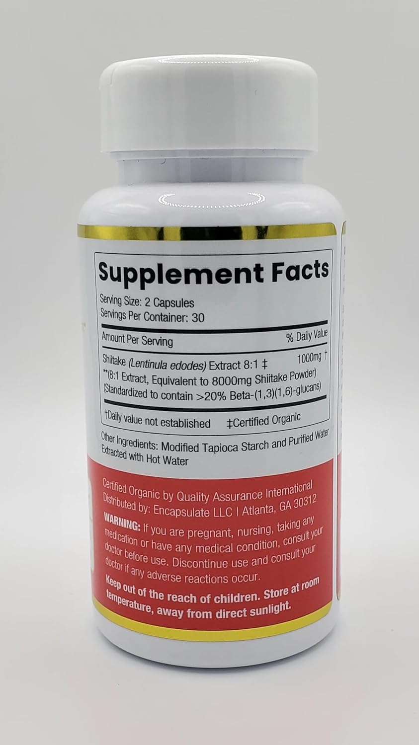 71mTO8EY2RL._AC_SL1500_.jpg ENCAPSULATE Shiitake Capsules 8:1 Extract – Premium Organic Fruiting Body 8:1 Extract – Adaptogen Mushroom Supplement for Heart Health, Vitality, Antioxidant & Immune Support – 60 Vegan Capsules - Image 2