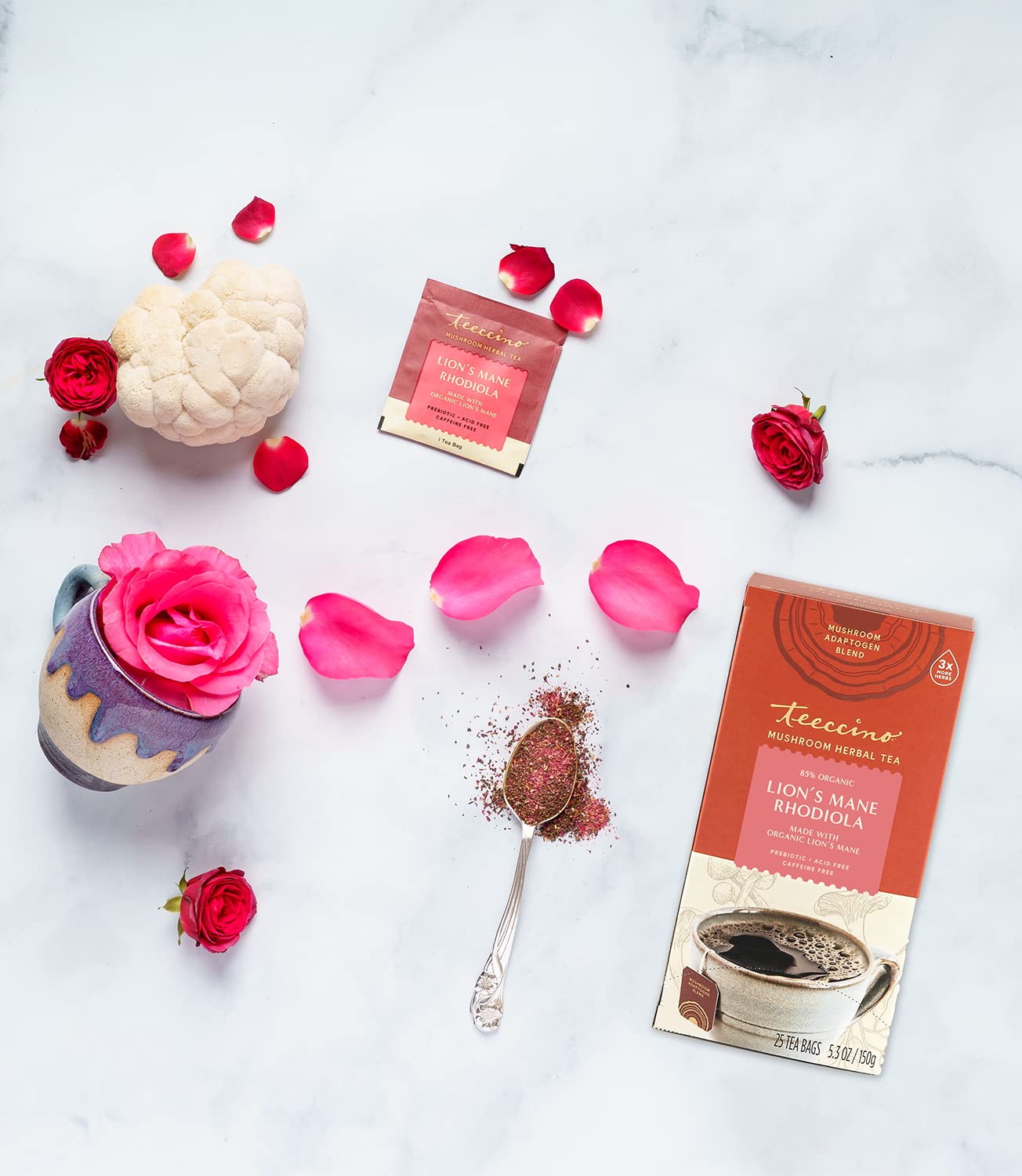 71mfU1dMDJL._SL1500_.jpg Teeccino Lion’s Mane Rhodiola Tea - Rose - Caffeine-Free Mushroom Adaptogenic Herbal Tea, 3x More Herbs than Regular Tea Bags, Lightly Sweet from Dates & Figs, Chicory Prebiotic - 25 Tea Bags (Pack of 3) - Image 6