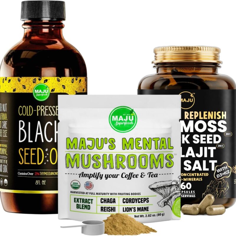Maju Superfoods Mental Mushrooms Powder, Black Seed Oil and Mineral Replenish Capsules