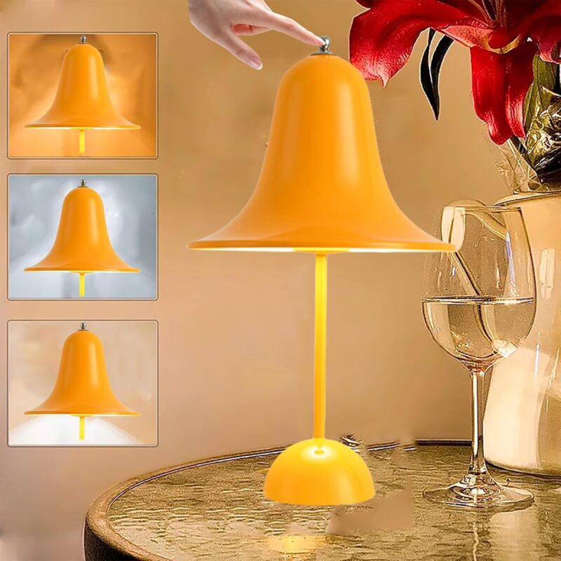 Cordless Mushroom Table Lamp with Touch Sensor, 3 Color Cute Bell Small Night Light, Stepless Dimmable Portable Mushroom Bedside Lamp for Bedroom Decor/Restaurant/Outside/Camping,Yellow