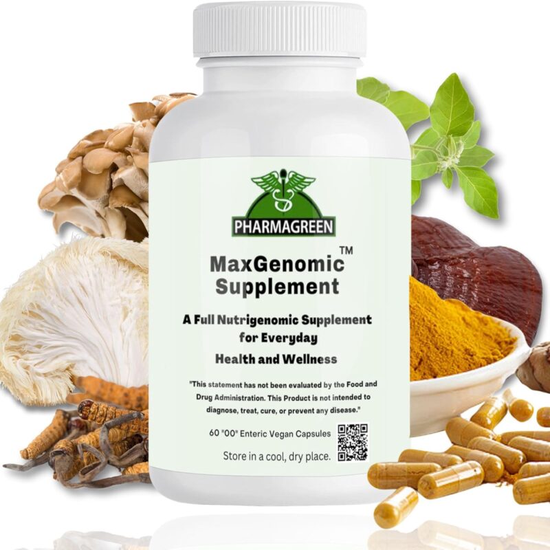 MaxGenomicTM Supplement, A Broadspectrum Natural Supplement for Everyday Health and Wellness. Made Up of 9 Beneficial Mushrooms and 6 Beneficial Herbs. includes Lion's Mane Enteric, Vegan - 60 caps