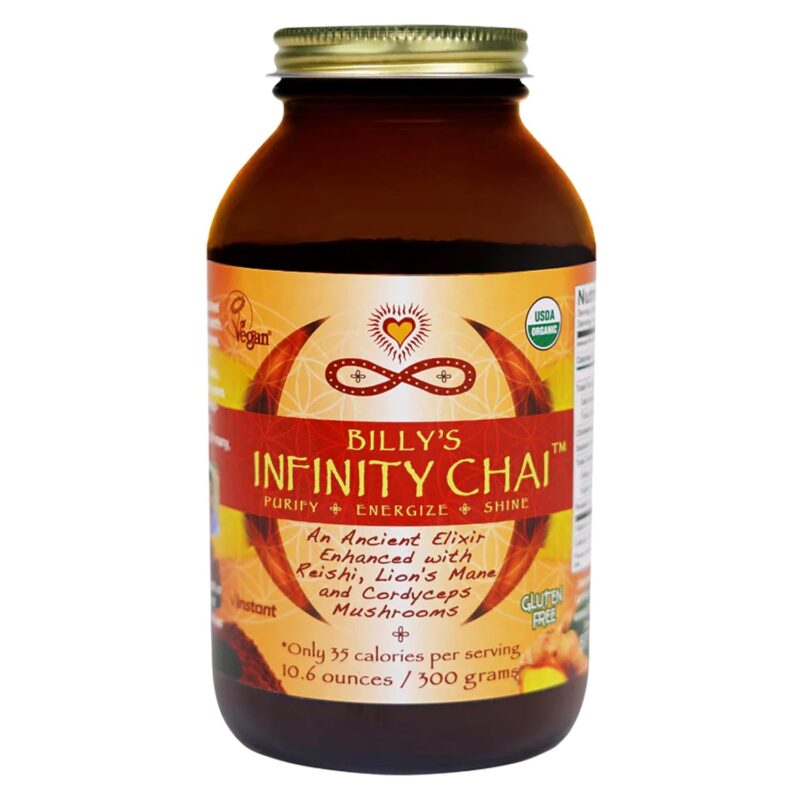 Infinity Matcha Chai, Instant Organic Tea Powder Mix with Adaptogenic Mushrooms, Reishi, Cordyceps, Lion’s Mane, USDA Organic, Non GMO, Vegan, Gluten Free, Lightly Sweetened (300g)