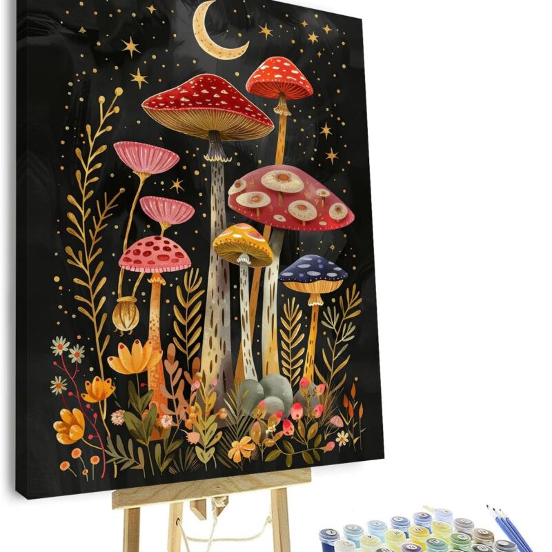 TUMOVO Moon Paint by Numbers, Mushroom Adult Paint by Number Kits, Paint-by-Number Kits Flower Color by Number Canvas Frameless with 3 Brushes DIY Oil Painting Kits Gift with Framed, 16 x20 Inch