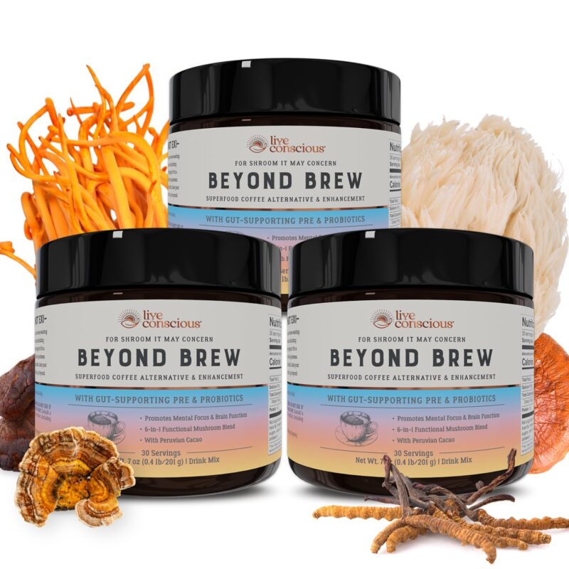 Live Conscious Beyond Brew - Superfood Coffee Alternative - Low Caffeine - Powerful Mushroom Complex - Lion’s Mane, Reishi, Cordyceps & Chaga for Sustained Focus, Energy & Immunity - Prebiotics & Probiotics Supports Gut Health - 30 Servings (3-Pack)