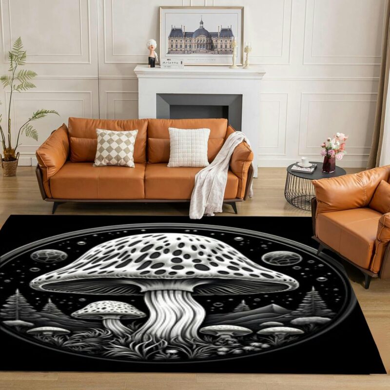 Mushroom Tattoo Rug 5x7 Rug Area Rugs for Living Room Bedroom Aesthetic Dining Room Machine Washable Throw Rugs Carpet Indoor Non-Slip Floor Mat