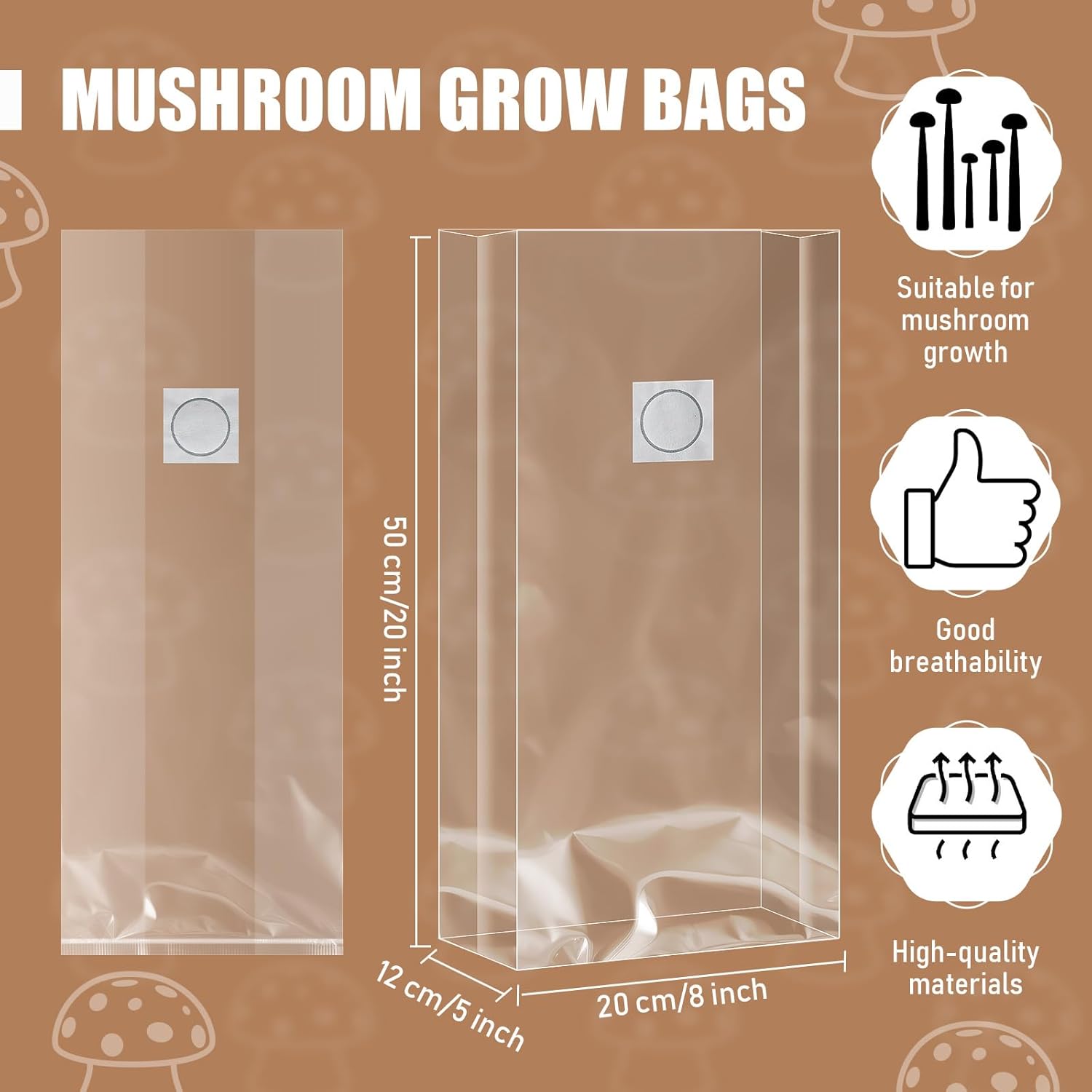 71p7J5AoPdL._AC_SL1500_.jpg 200pcs Mushroom Grow Bags Bulk 6 Mil Thick Spawn Bags with Self Healing Injection Port 5" x 8" x 20" Mushroom Planting Substrate Bag with 0.2 Filter for Mushroom Cultivation - Image 3