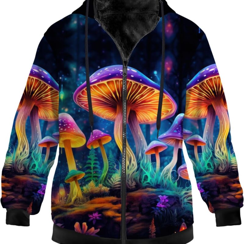 Mushroom Jacket for Women Men Fleece Sweatshirts Zip Up Hoodies Long Sleeve Hooded Coat with Drawstring Pockets