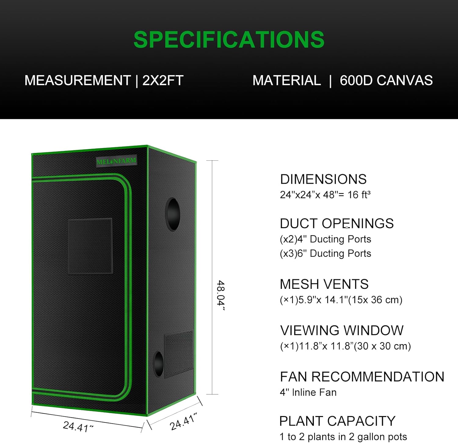 71q1NvRzhkL._AC_SL1500_.jpg MELONFARM 2x2 Grow Tent, 24"x24"x48'' High Reflective 600D Diamond Mylar Canvas with Observation Window and Floor Tray for Hydroponic Indoor Plant Growing - Image 7