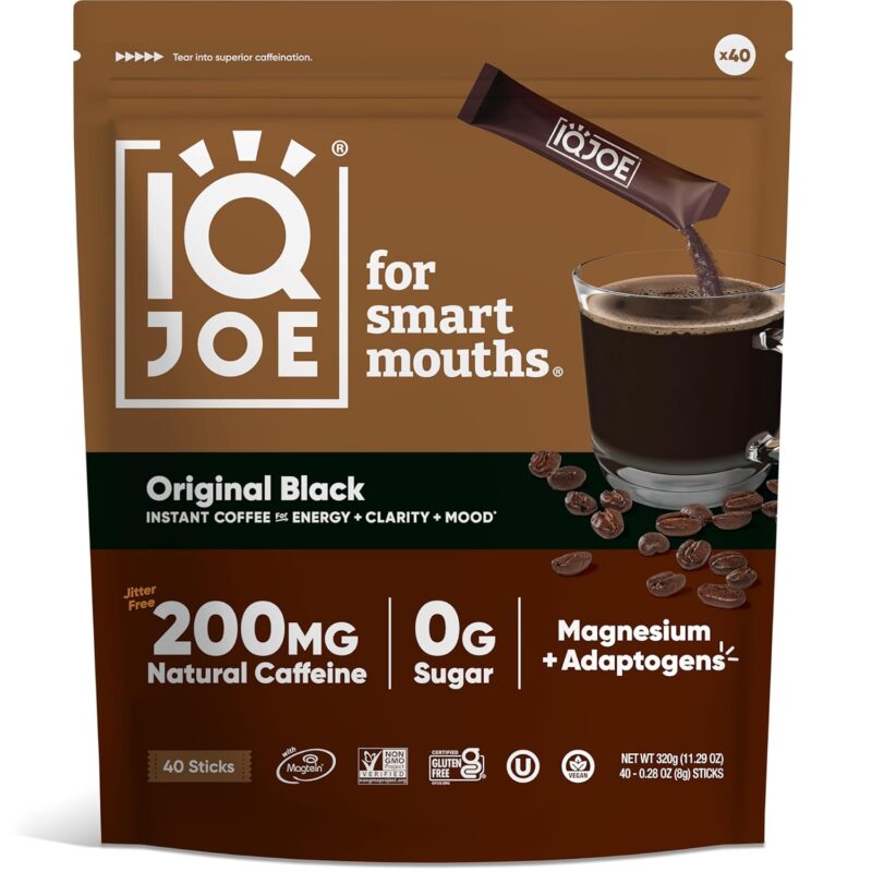 IQJOE Mushroom Coffee Packets (40 Servings) Lion’s Mane, Magtein Magnesium, Antioxidants, Adaptogens - Original Black - Instant Coffee for Focus, Clarity, Mood, Energy Boost - Sugar Free, Keto, Vegan