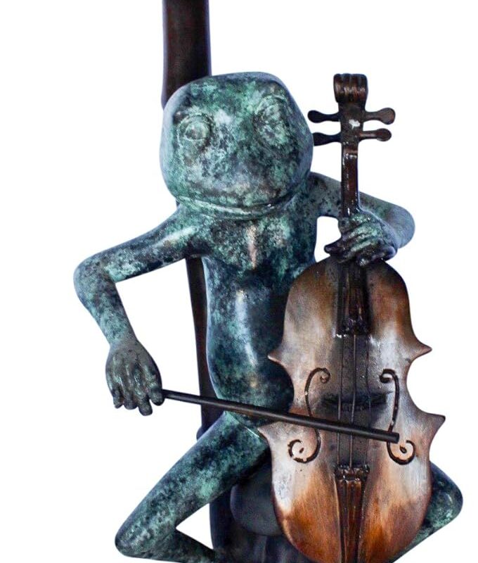 Frog Playing Cello Under Mushroom Bronze Statue - Size: 10"L x 10"W x 24"H.