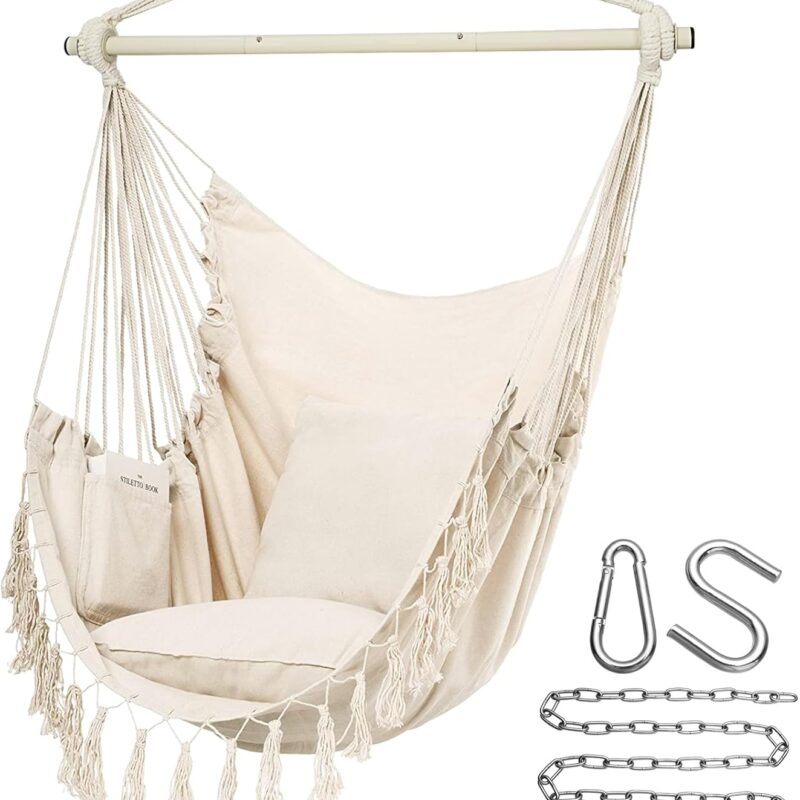 Y- Stop Hammock Chair Hanging Rope Swing, Max 500 Lbs, 2 Cushions Included, Large Macrame Hanging Chair with Pocket for Superior Comfort, with Hardware Kit (Beige)