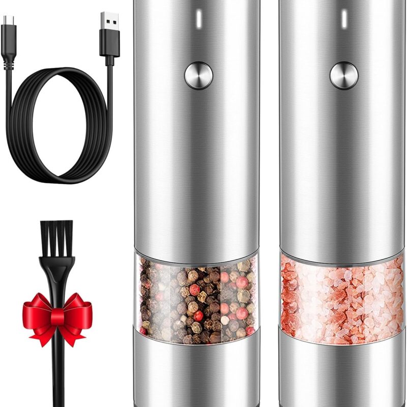 Electric Salt and Pepper Grinder Set - USB Rechargeable - Durable Modern Style - Automatic Black Peppercorn & Sea Salt Spice Mill Set with Adjustable Coarseness & LED Light Refillable