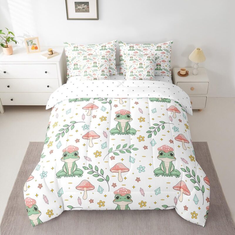 Erosebridal Green Frog Comforter Set Queen Size 7 Pcs Pink Mushroom Bedding Set with Sheets for Kids Girls,Kawaii Tree Frog Mushroom Bed in A Bag Farmhouse Plant Animal Bed Set Reversible