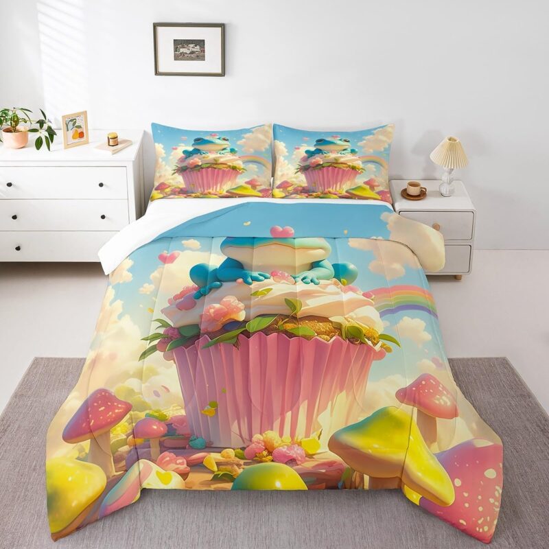 Kawaii Frog Cake Comforter Full for Kids Adults Youth,3D Cup Cake Dreamy Jungle Mushroom Quilt Comforter Room Decor,Watercolor Rainbow Cartoon Sky Quilted Duvet Duvet Insert,2 Pillowcases