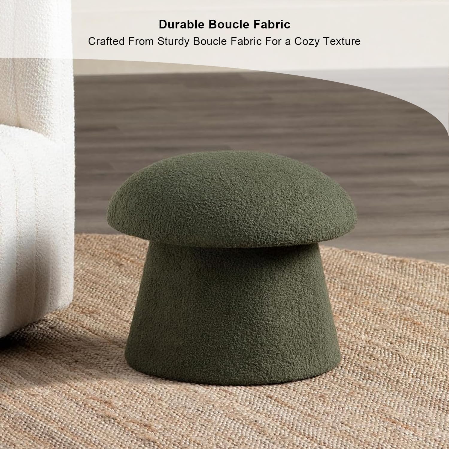 71ubAkJy3tL._AC_SL1500_.jpg Crestview Collection 15" Mushroom Ottoman with Storage, Round Foot Rest for Couch, Boucle Fabric Small Mordern Footstool for Vanity, Bedroom, Living Room,Under Desk,Dark Green - Image 4