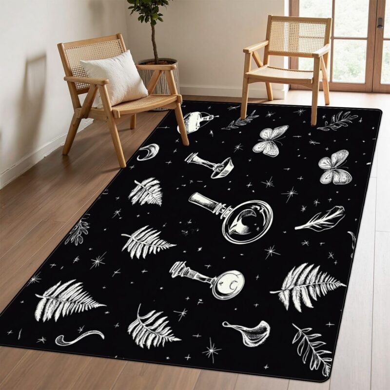 Washable Rug Area Rugs for Living Room 5x8 Seamless Pattern Tattoo Style Mushrooms Feathers Keys Mushrooms Fly Non-Slip Carpets for Dining Room Soft Rubber Backed Large Area Rug for Bedroom Office