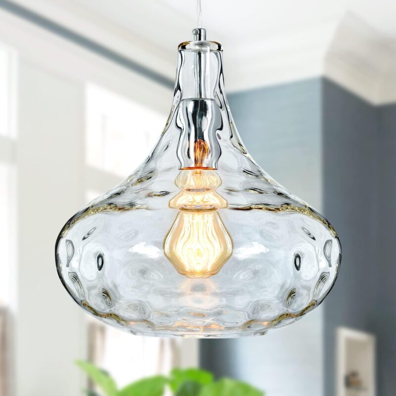 Vintage Farmhouse Glass Pendant Light - Handblown Clear Hammered Glass Shade - Adjustable Cord Ceiling Fixture for Kitchen Island, Hallway, and Kitchen Sink - 11 Inch Chrome