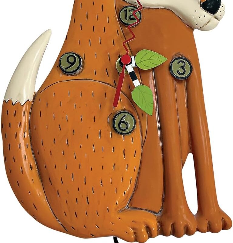 Allen Designs Enesco Foraging Fox with Mushroom Sculpted Pendulum Wall Clock, 14 Inch, Multicolor
