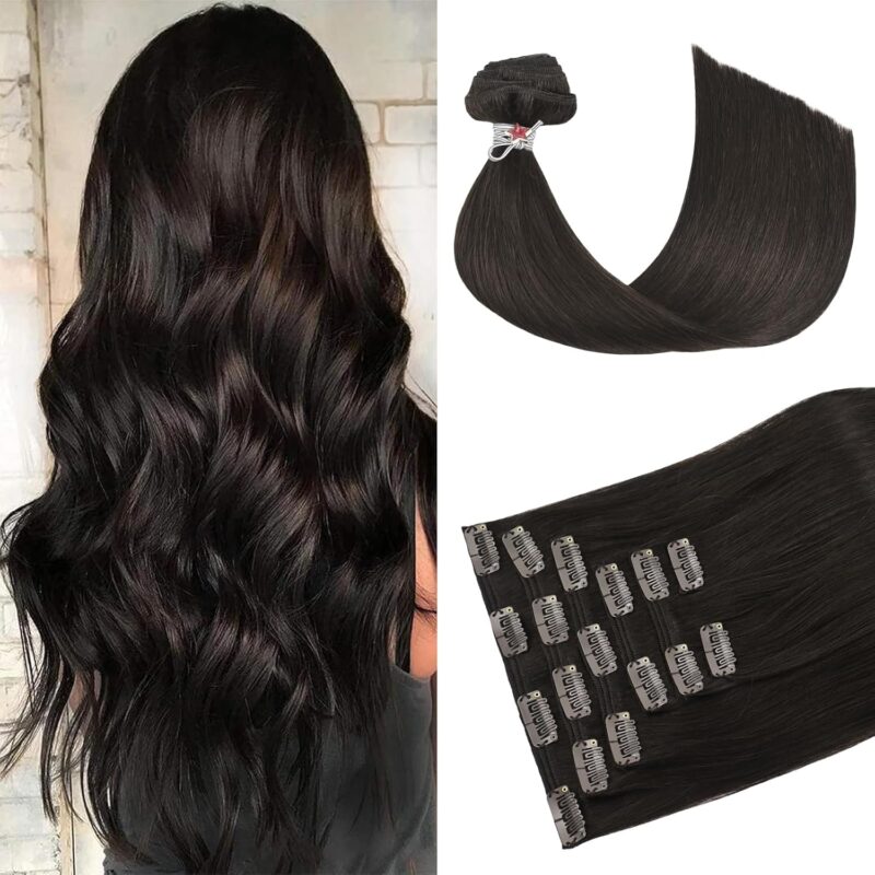 HUAYI Hair Extensions for Women, 14 Inch Dark Brown Clip in Hair Extensions, 7pcs Set, 120g, Premium Quality Hair Extensions Real Human Hair, Seamless, Natural Look, Easy to Style