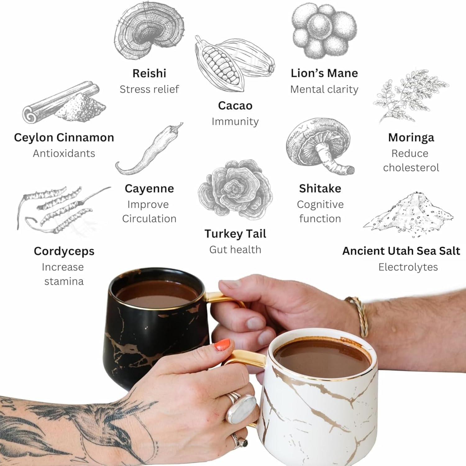 71yXWmOCAxL._AC_SL1500_.jpg Brain Blend+Cayenne, Organic Mushroom Hot Chocolate Drink, Gourmet Energizing Blend of Lions Mane, Cordyceps, Shiitake, Reishi, Moringa, & Turkey Tail with Cacao, Cinnamon & Sea Salt - Image 6
