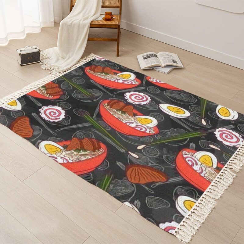 Tassels Area Rug Ramen Soup Noodles Pork Meat Green Onions Enoki Mushrooms Boiled Egg Cotton Linen Throw Rug Washable Woven Carpet Runner Rug Mat Home Decor for Bathroom Laundry Bedroom Kitchen