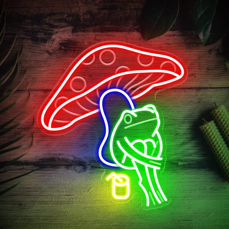Mushroom Frog Neon Sign, Retro Funny 3D Art Frog Mushroom Beer Led Neon Light Sign, Handmade Aesthetic Mushroom Frog for Wall Decor, Home Bar Beer Man Cave Bedroom Birthday Gift Party room - 14''