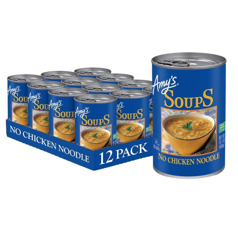 Amy's Soup, Vegan No Chicken Noodle Soup, With Organic Noodles, Vegetables and Tofu, Canned Soup, 14.1 Oz (12 Pack)