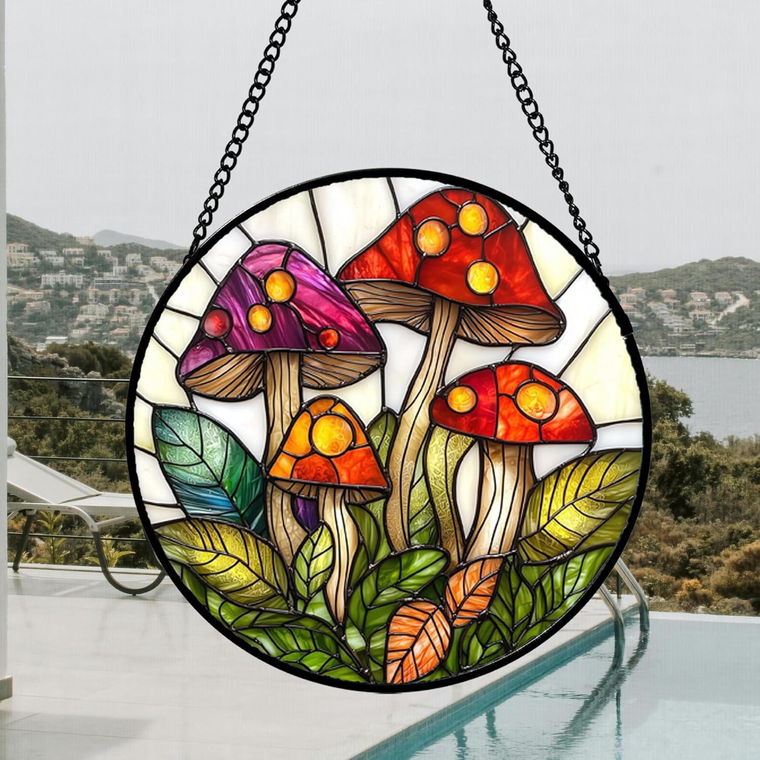 81-zdeEe3qL._AC_SL1500_.jpg Stained Glass Window Hanging, Mushroom Leaves Suncatcher for Doors Home Sun Catchers Decoration and Christmas, Mother's Day Birthday Gifts for Women, Men, and Mom 14.9x14.9 in - Image 4