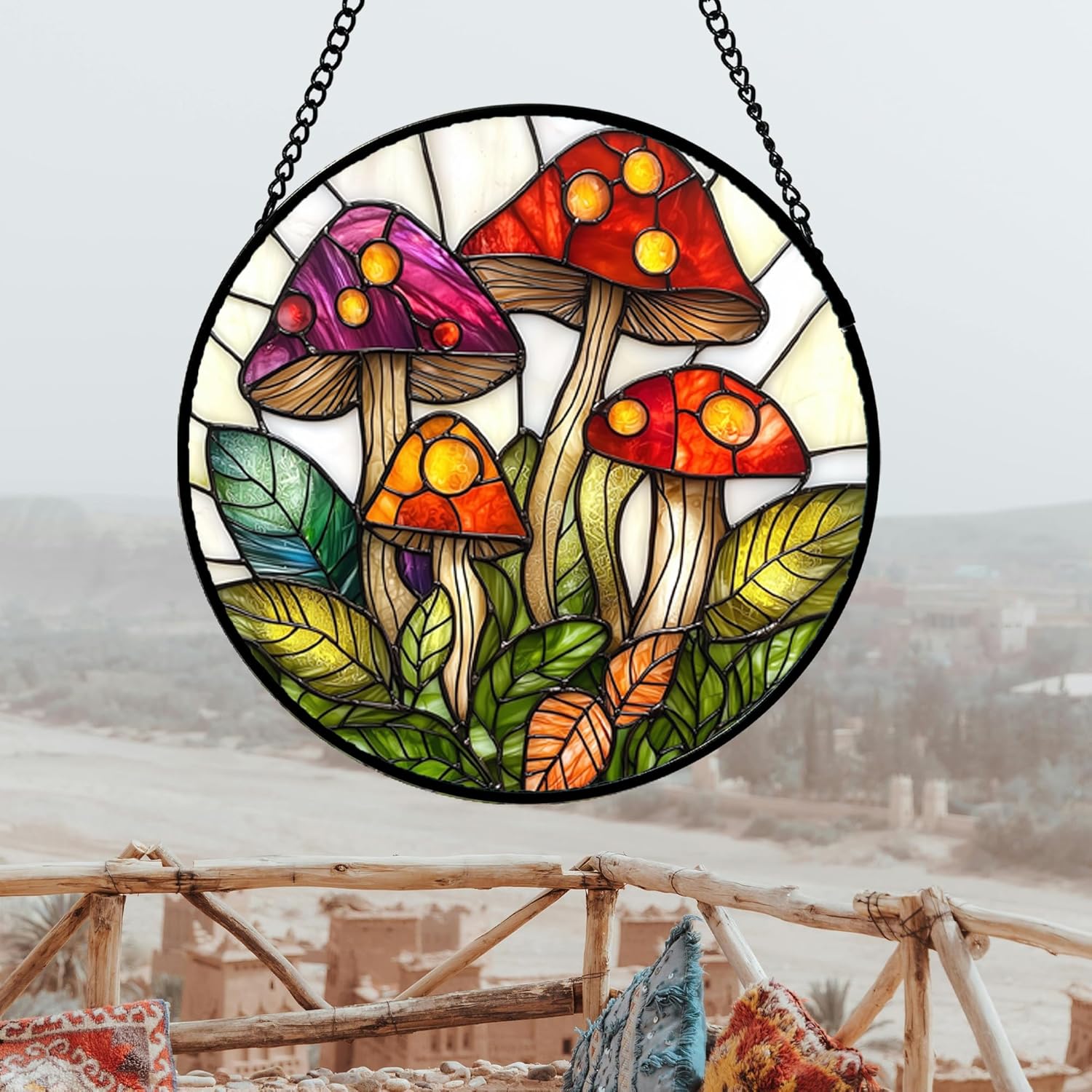 811V2s9uVrL._AC_SL1500_.jpg Stained Glass Window Hanging, Mushroom Leaves Suncatcher for Doors Home Sun Catchers Decoration and Christmas, Mother's Day Birthday Gifts for Women, Men, and Mom 14.9x14.9 in - Image 3