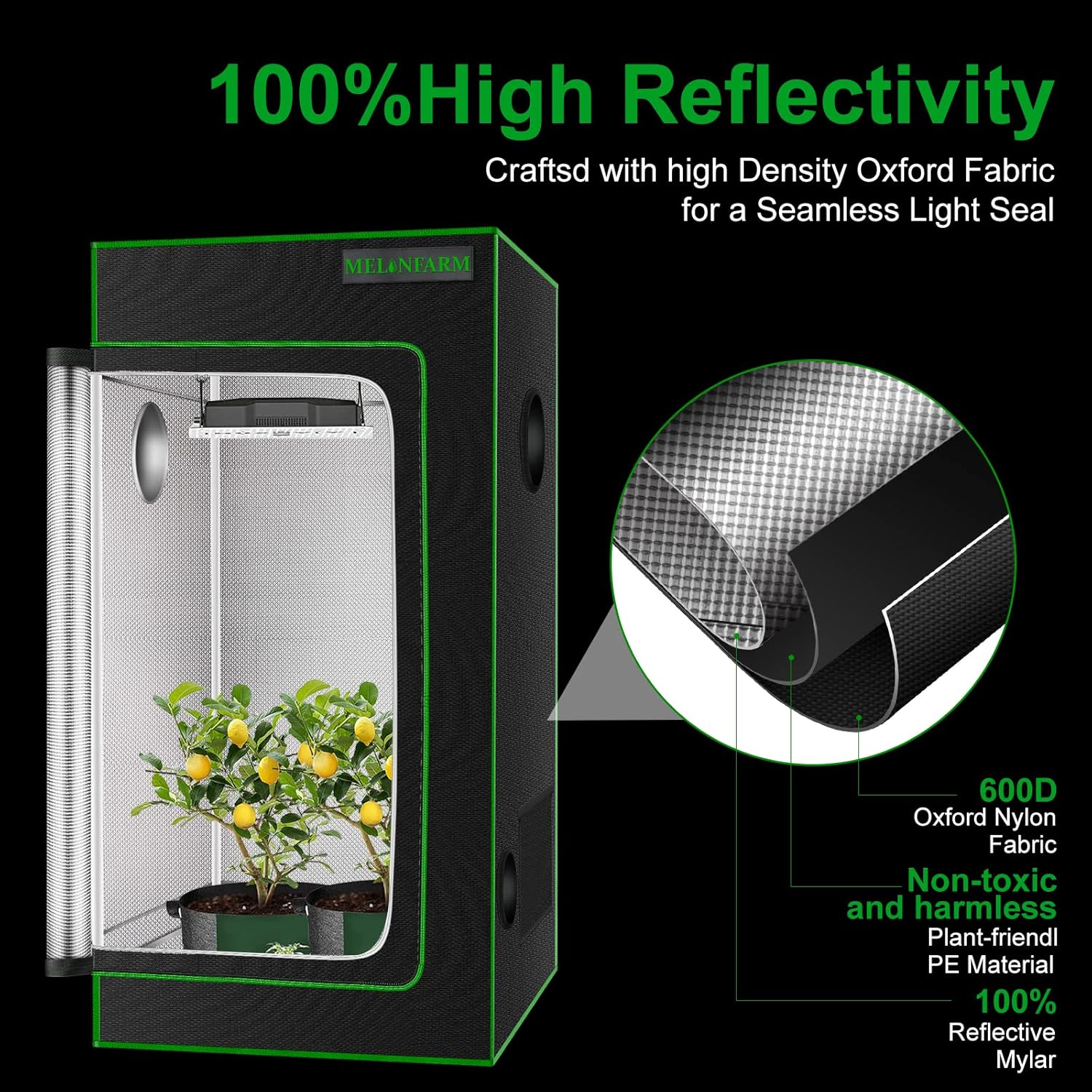 814Lm6gvrqL._AC_SL1500_.jpg MELONFARM 2x2 Grow Tent, 24"x24"x48'' High Reflective 600D Diamond Mylar Canvas with Observation Window and Floor Tray for Hydroponic Indoor Plant Growing - Image 4