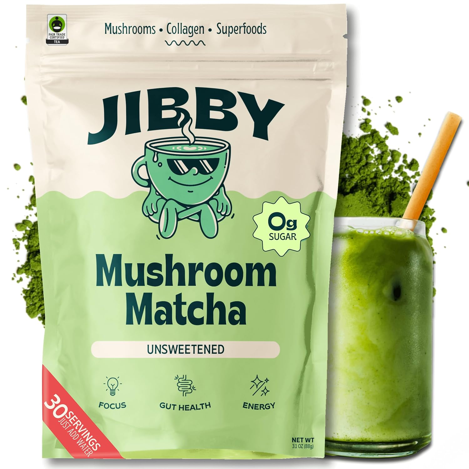 814mqARPk-L._SL1500_.jpg JIBBY Mushroom Matcha Super Latte - Ceremonial Grade Green Tea Organic Matcha Powder, Collagen, MCT Oil, Superfood Mushrooms, Matcha Latte Collagen Powder, Matcha Powder (Unsweetened, 30 Servings)
