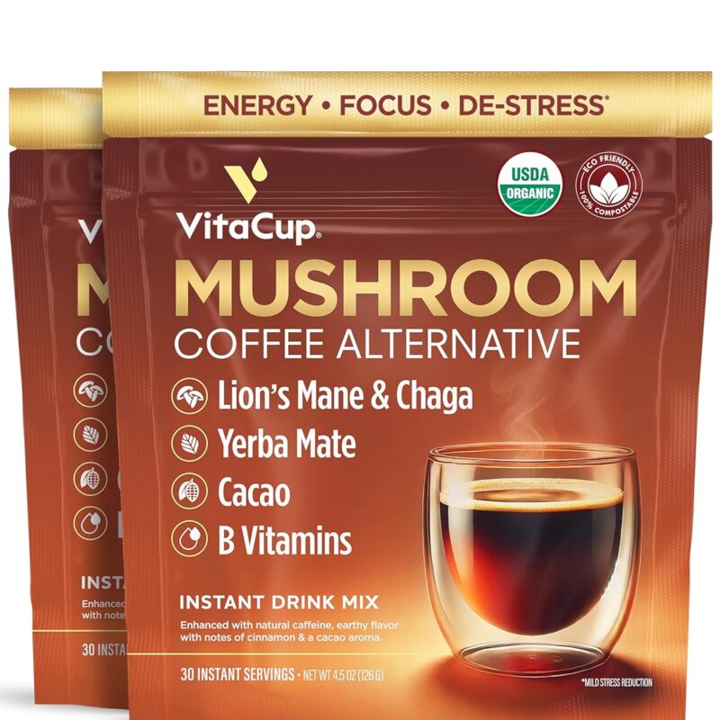 VitaCup Mushroom Coffee Alternative Instant Drink Mix | Mushroom Coffee Substitute for Natural Energy & Focus | Lion’s Mane, Yerba Mate, & Chaga | Cacao, Cinnamon, & B Vitamins | 2 Bags, 60 Servings