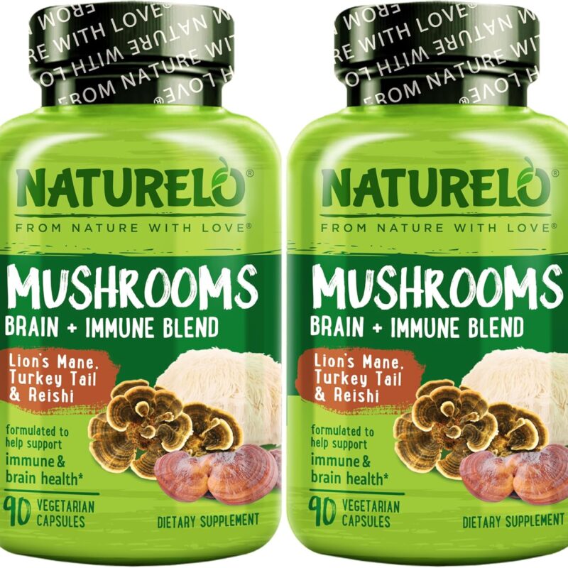 NATURELO Mushroom Supplement – Brain & Immune Health Blend with Lion’s Mane, Reishi, Turkey Tail – 180 Vegan Friendly Capsules (Pack of 2)