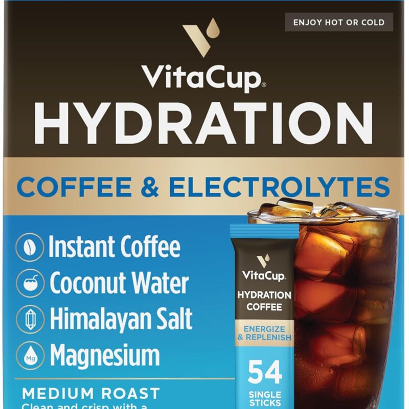 VitaCup Hydration Coffee Packets, The First Coffee That Hydrates You w/Electrolytes, Coconut Water, Pink Himalayan Salt, Magnesium, Medium Roast, Instant Coffee in Single Serve Sticks, 54 Ct