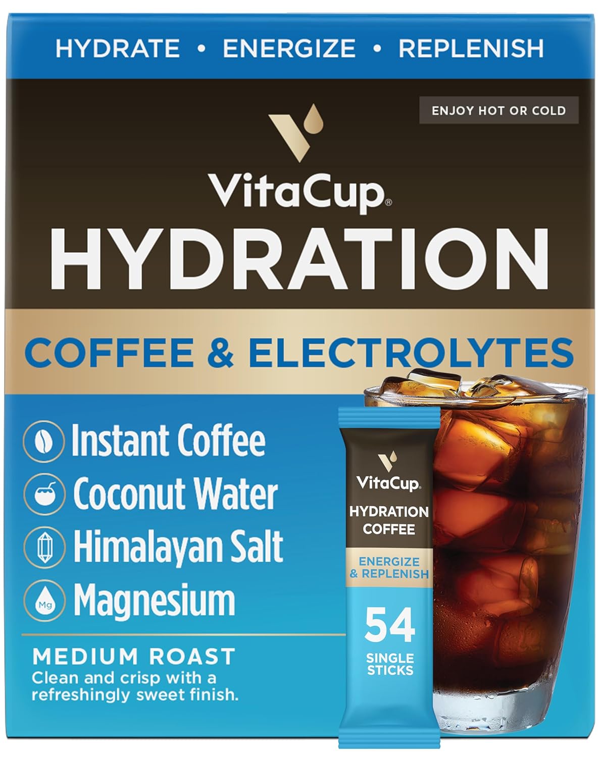815sfhZGgiL._SL1500_.jpg VitaCup Hydration Coffee Packets, The First Coffee That Hydrates You w/Electrolytes, Coconut Water, Pink Himalayan Salt, Magnesium, Medium Roast, Instant Coffee in Single Serve Sticks, 54 Ct